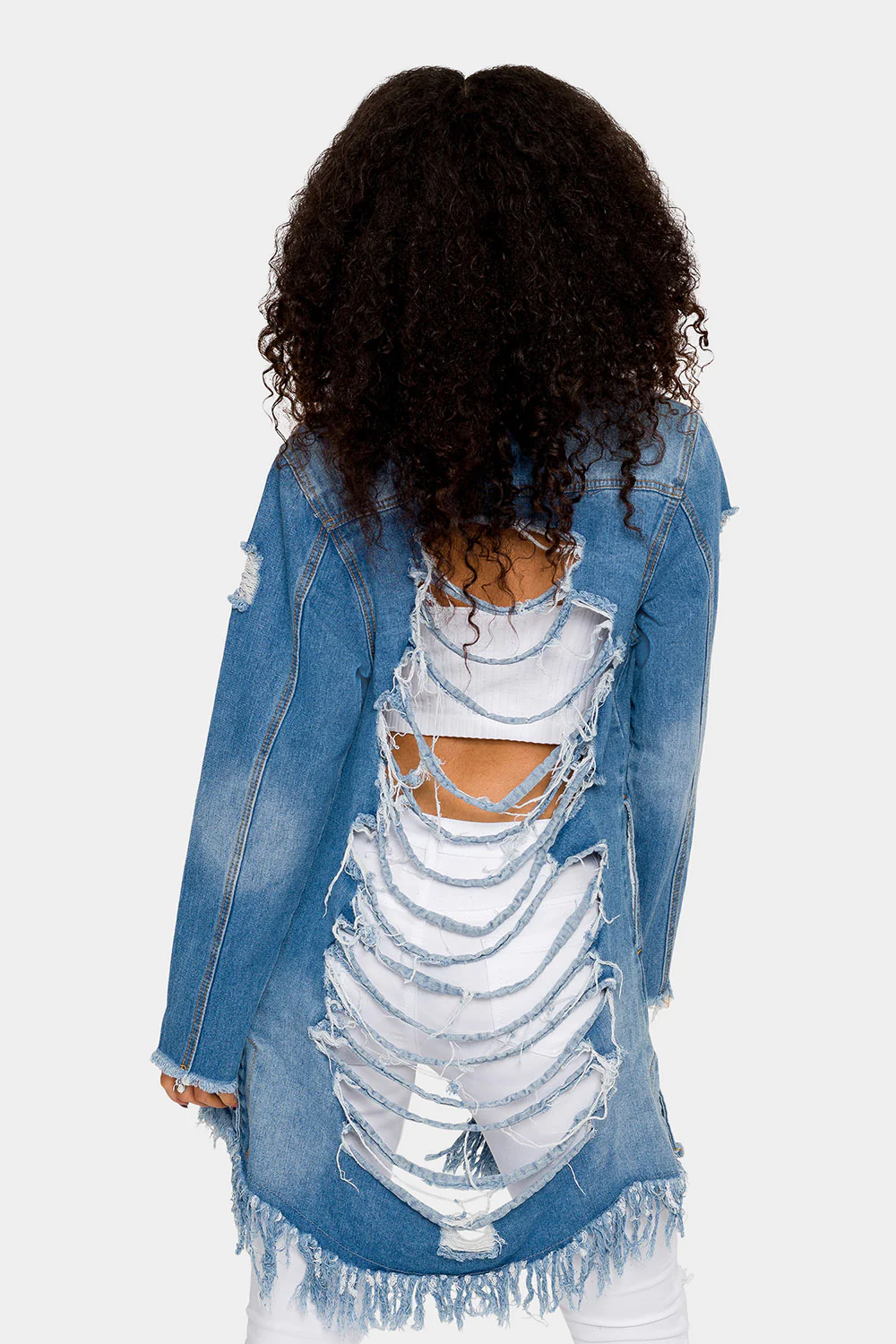 Long Distressed Denim Jean Jacket - Image 4