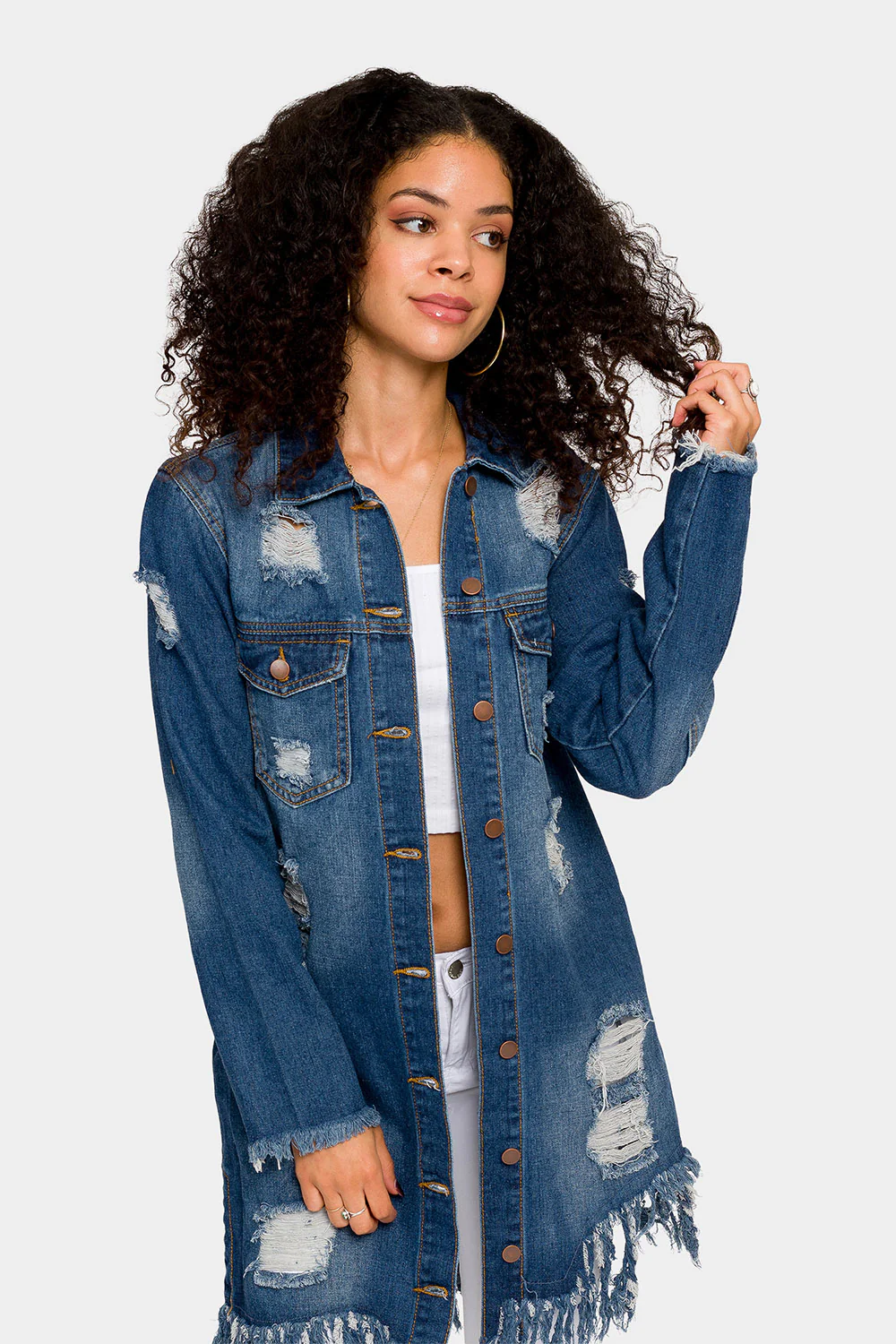 Long Distressed Denim Jean Jacket - Image 7