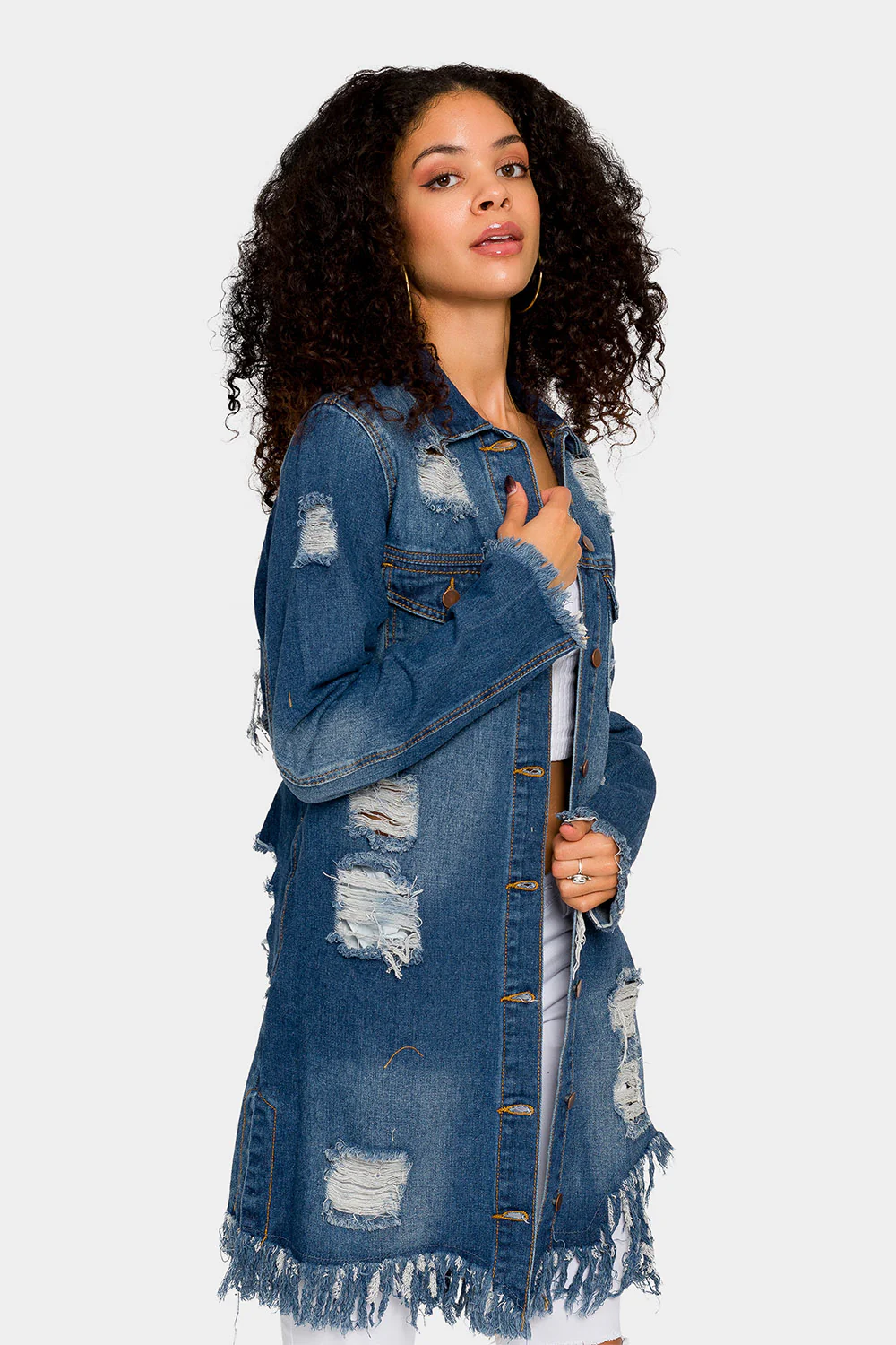 Long Distressed Denim Jean Jacket - Image 9
