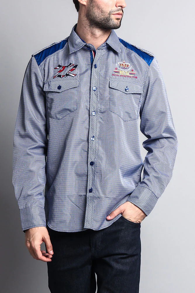 Long Sleeve Checkered Embroidered 22 Button Up Shirt - Image 6
