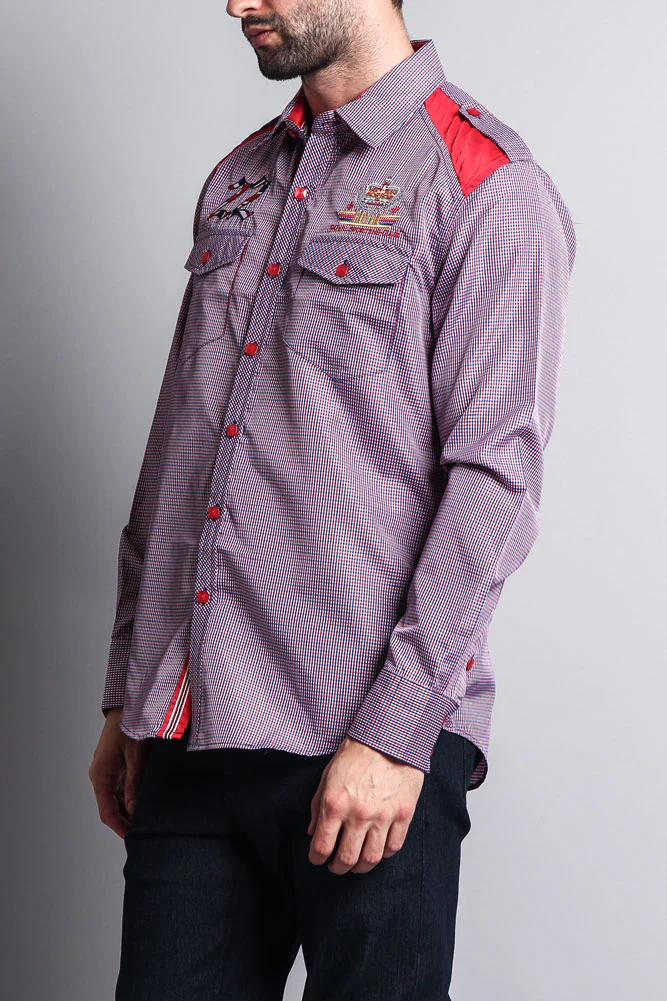 Long Sleeve Checkered Embroidered 22 Button Up Shirt - Image 8