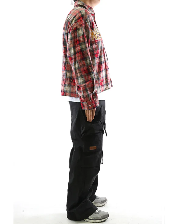 Long Sleeve Washed Flannel Crop Top Button Down Shirt With Rhinestone Embellishments - Image 12