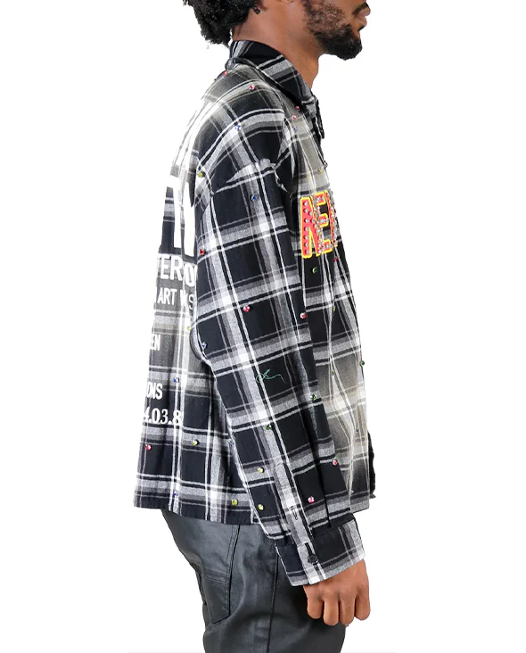 Long Sleeve Washed Flannel Crop Top Button Down Shirt With Rhinestone Embellishments - Image 4