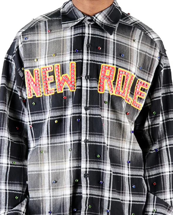 Long Sleeve Washed Flannel Crop Top Button Down Shirt With Rhinestone Embellishments - Image 5