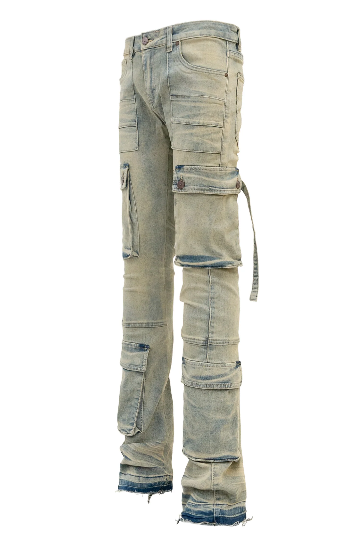 Men's 2-Tone Color Block Washed Stacked Flare Cargo Pants - Image 6