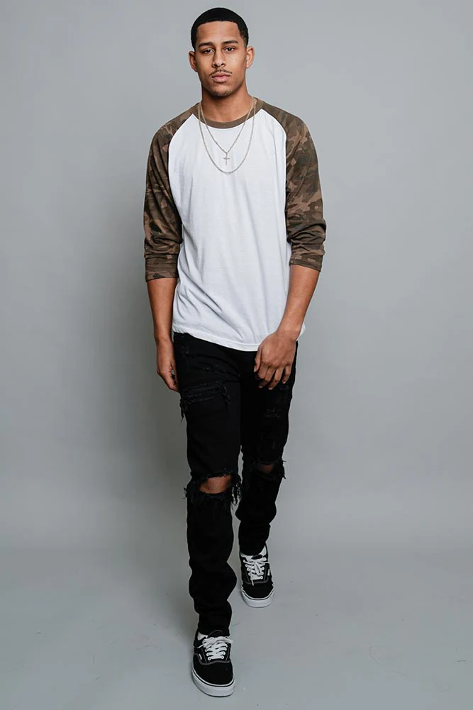Men's Baseball T-Shirt (White/Olive Camo) - Image 6