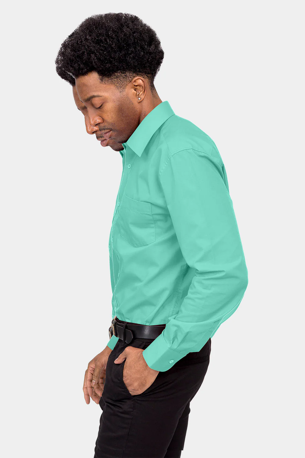 Men's Basic Solid Color Button Up Dress Shirt (Aqua) - Image 3