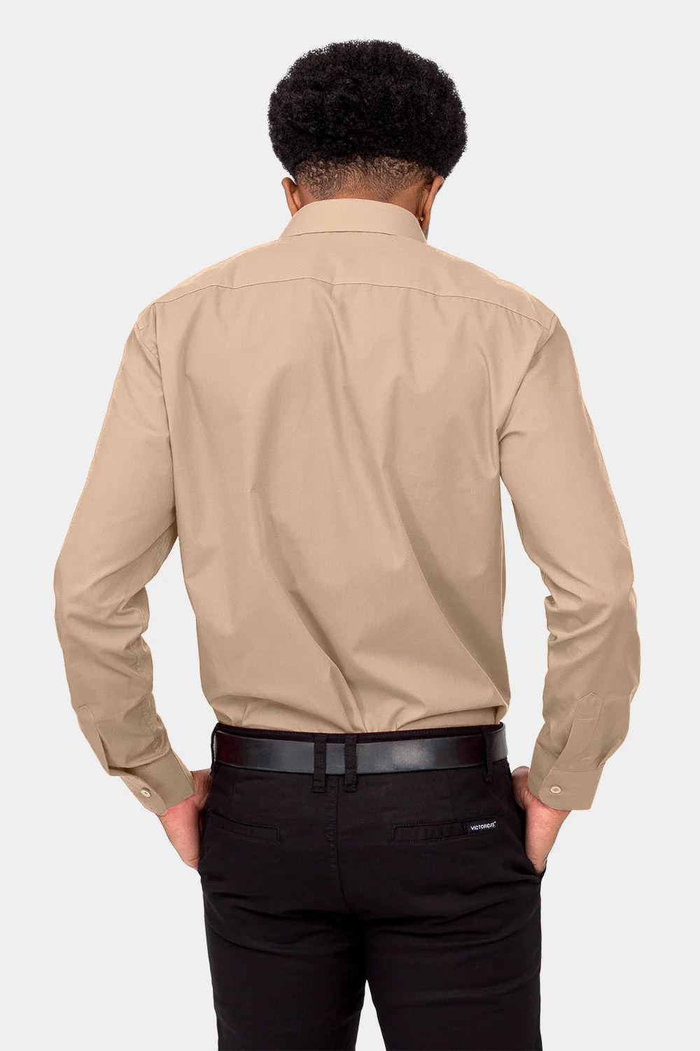Men's Basic Solid Color Button Up Dress Shirt (Beige) - Image 4