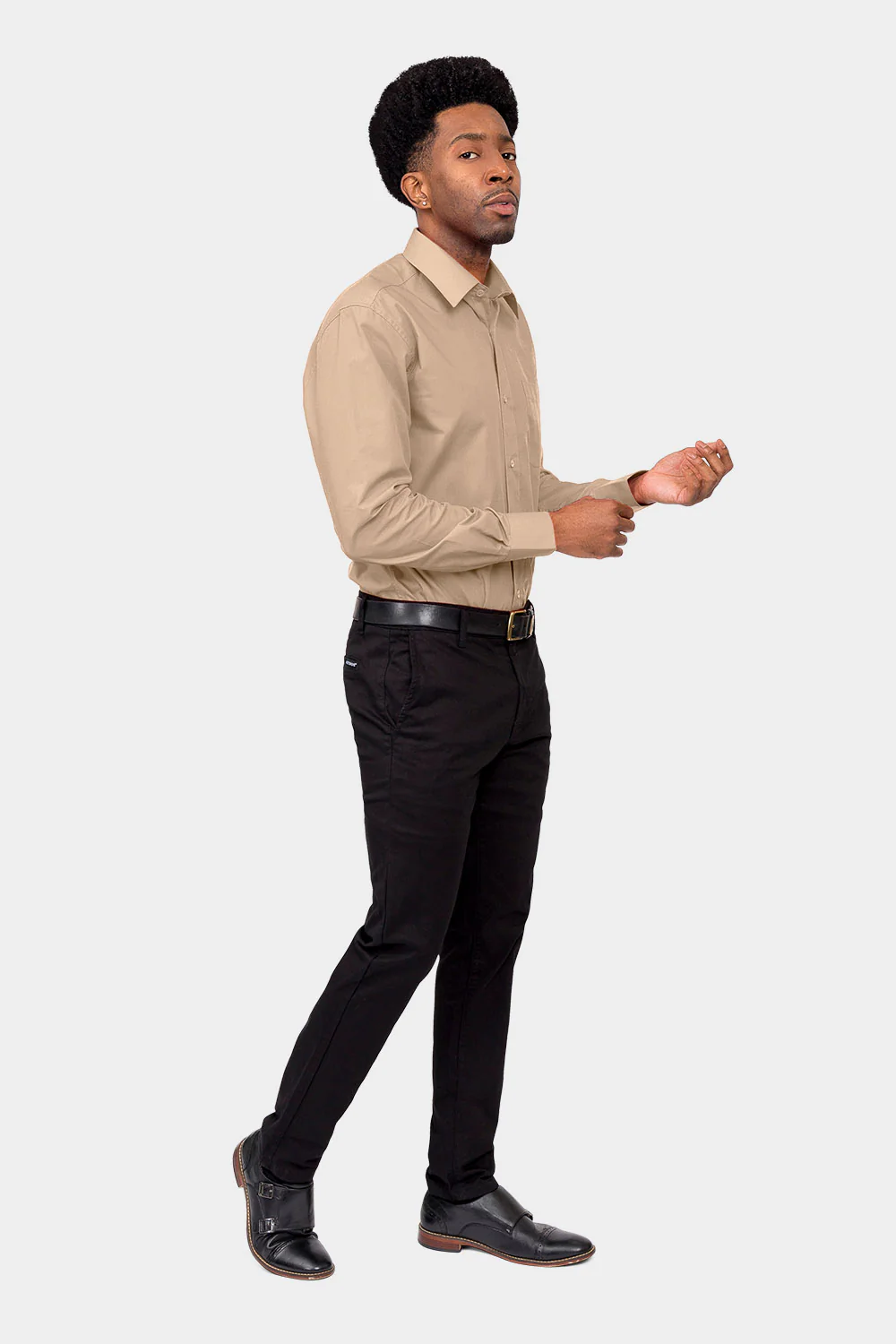 Men's Basic Solid Color Button Up Dress Shirt (Beige) - Image 6