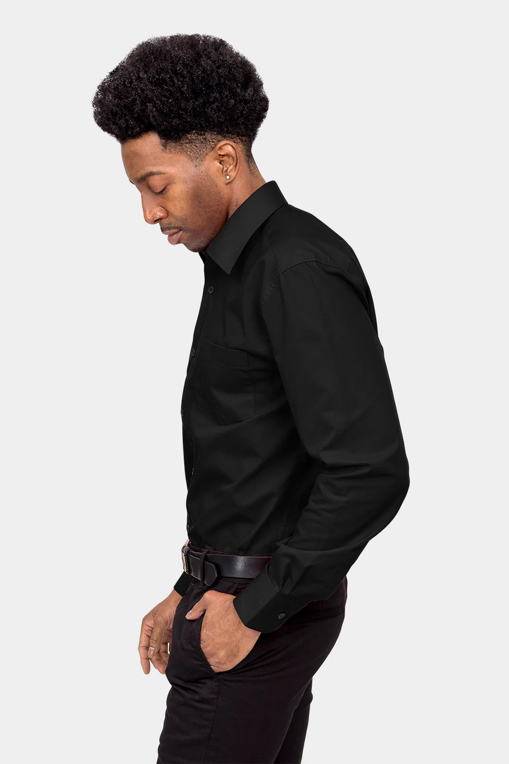 Men's Basic Solid Color Button Up Dress Shirt (Black) - Image 3