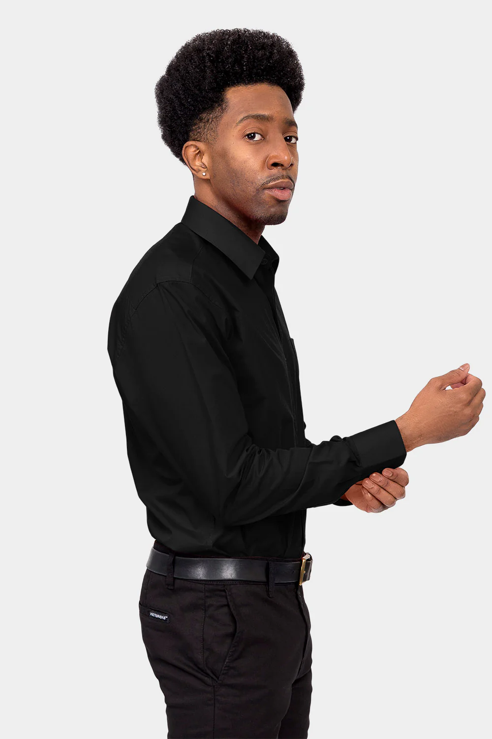 Men's Basic Solid Color Button Up Dress Shirt (Black) - Image 5