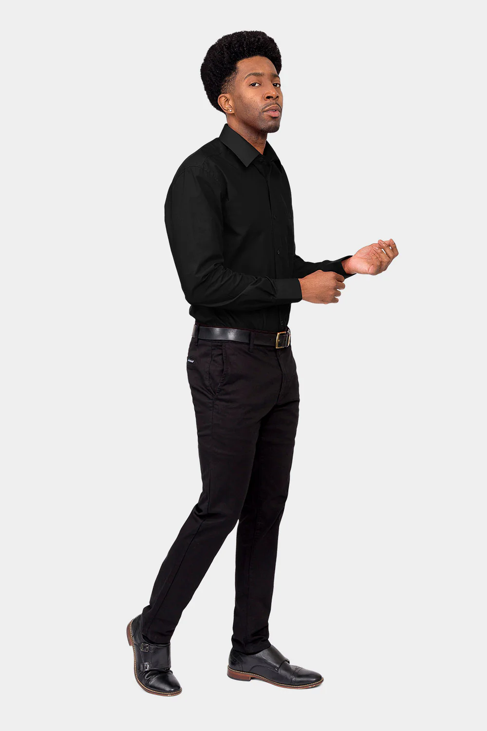 Men's Basic Solid Color Button Up Dress Shirt (Black) - Image 6
