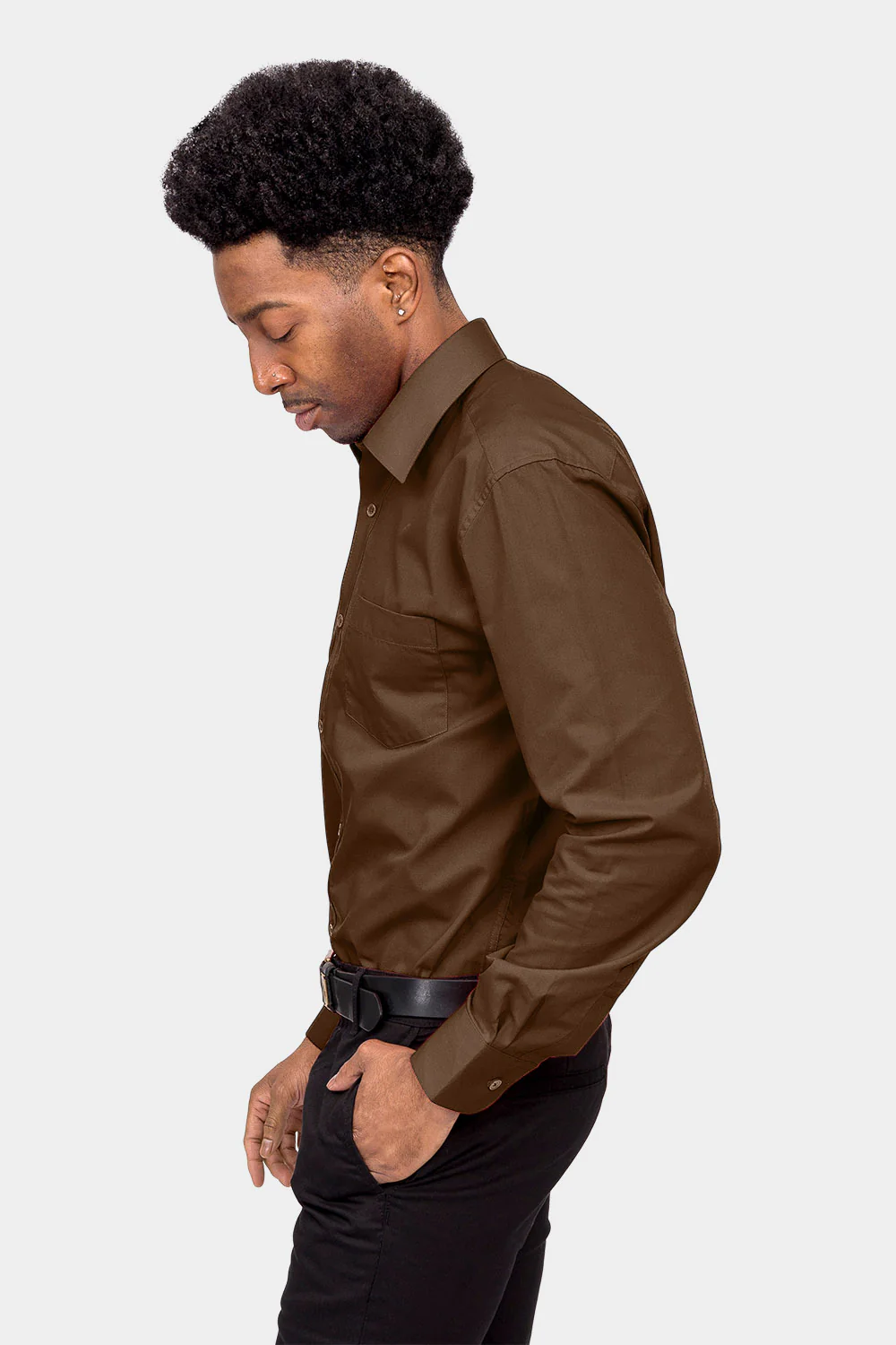 Men's Basic Solid Color Button Up Dress Shirt (Brown) - Image 3