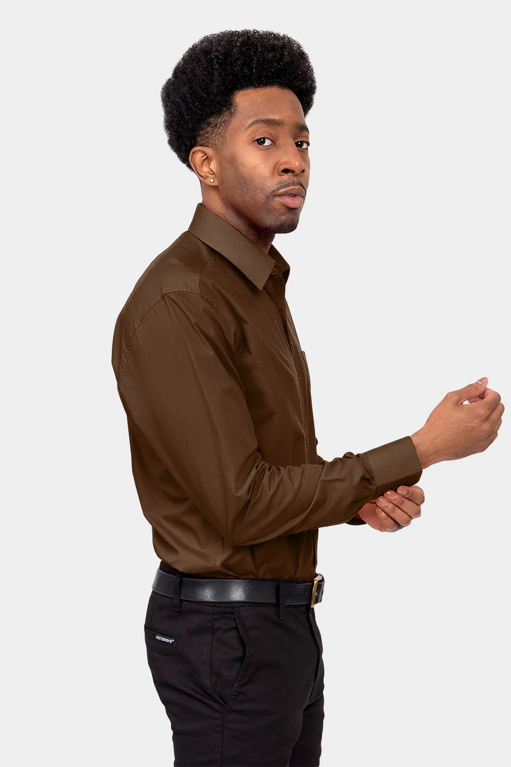 Men's Basic Solid Color Button Up Dress Shirt (Brown) - Image 5