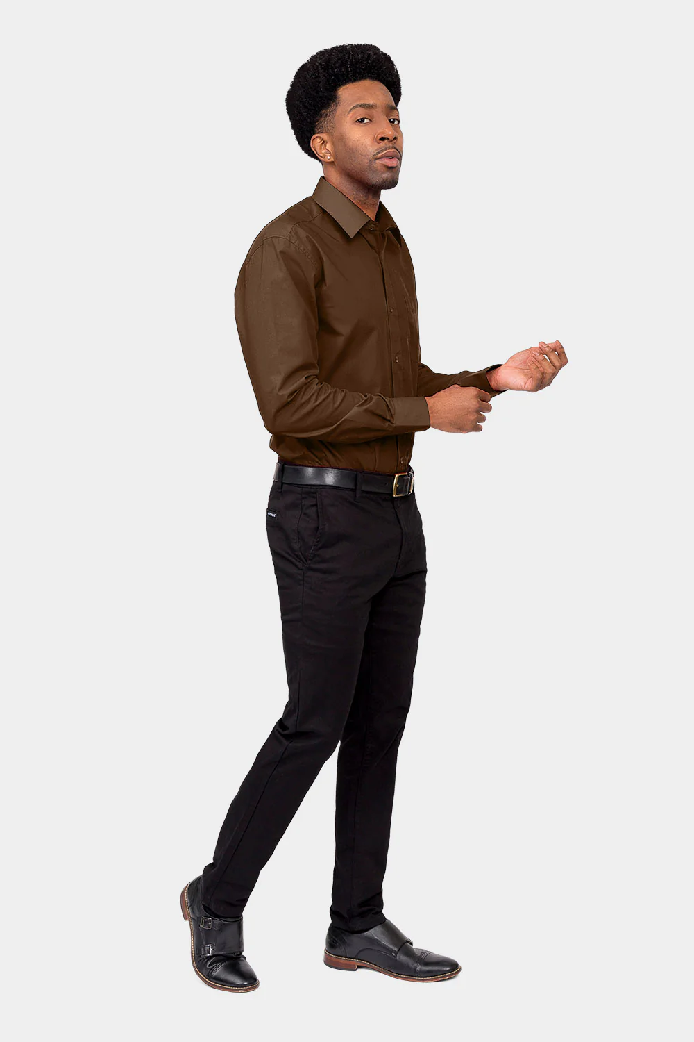 Men's Basic Solid Color Button Up Dress Shirt (Brown) - Image 6