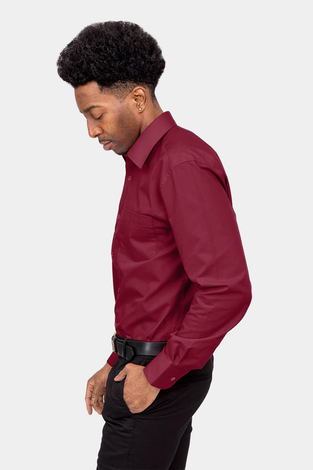 Men's Basic Solid Color Button Up Dress Shirt (Burgundy) - Image 3