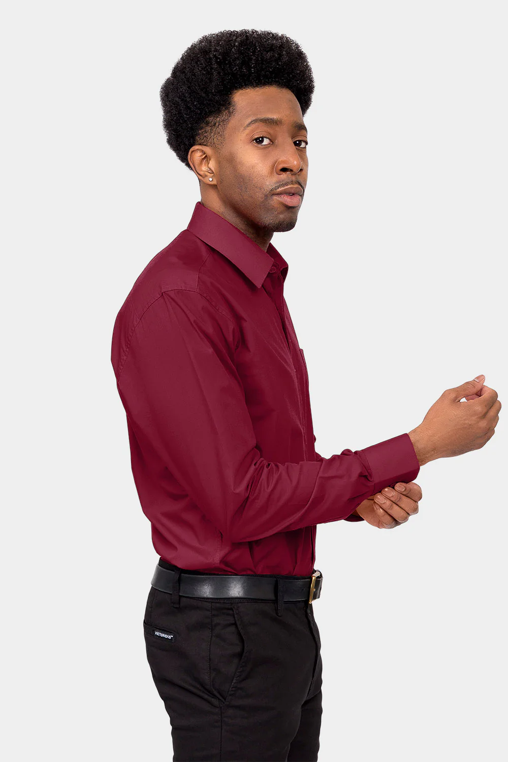 Men's Basic Solid Color Button Up Dress Shirt (Burgundy) - Image 5