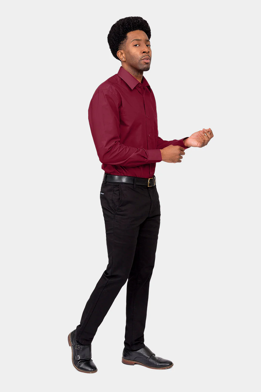 Men's Basic Solid Color Button Up Dress Shirt (Burgundy) - Image 6
