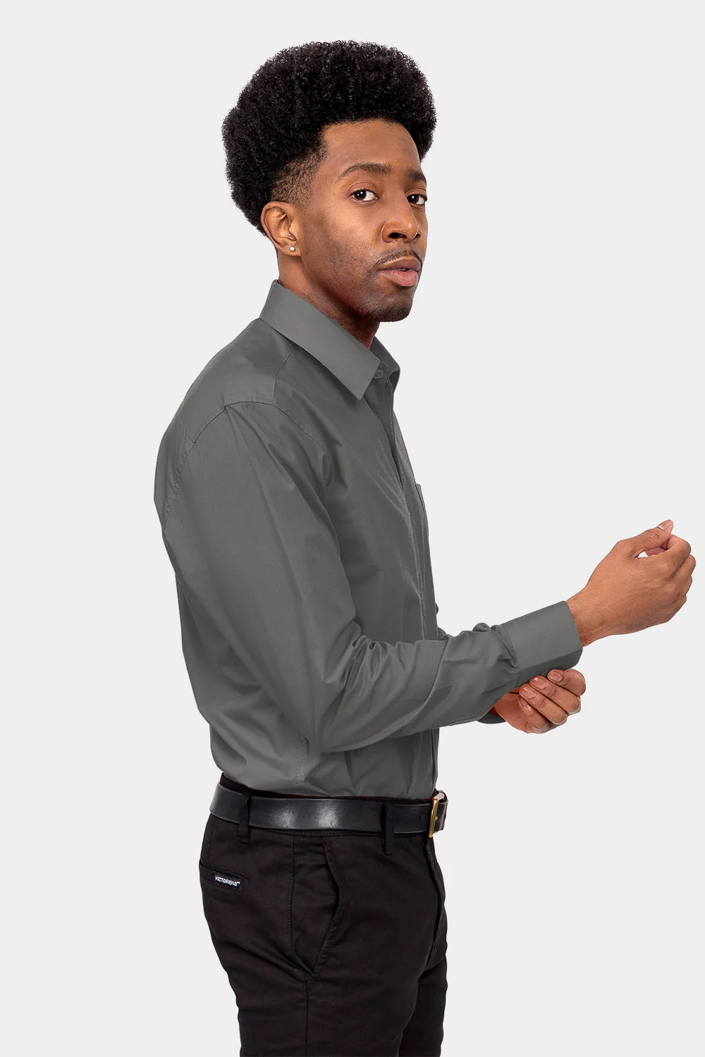 Men's Basic Solid Color Button Up Dress Shirt (Charcoal) - Image 5