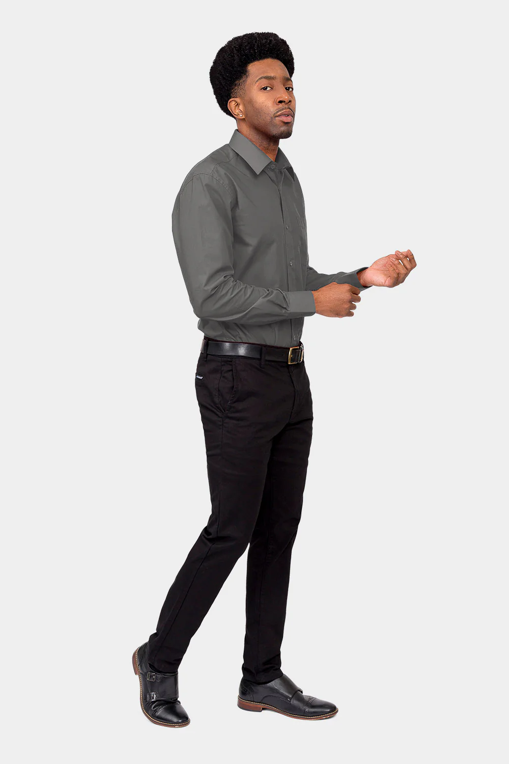 Men's Basic Solid Color Button Up Dress Shirt (Charcoal) - Image 6