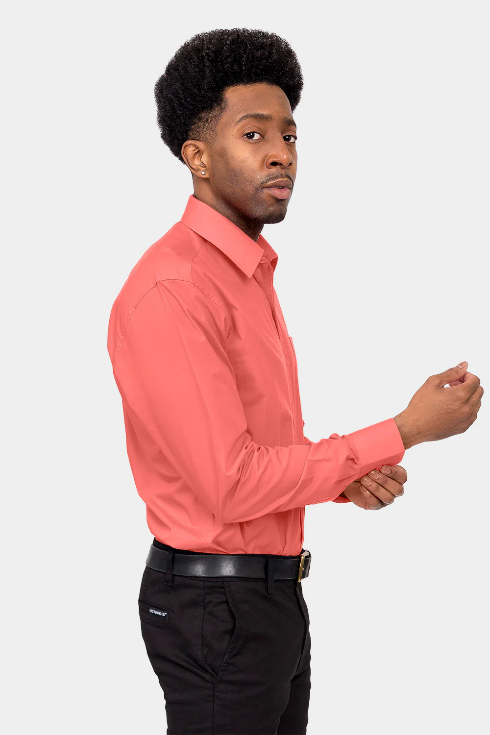 Men's Basic Solid Color Button Up Dress Shirt (Coral) - Image 5