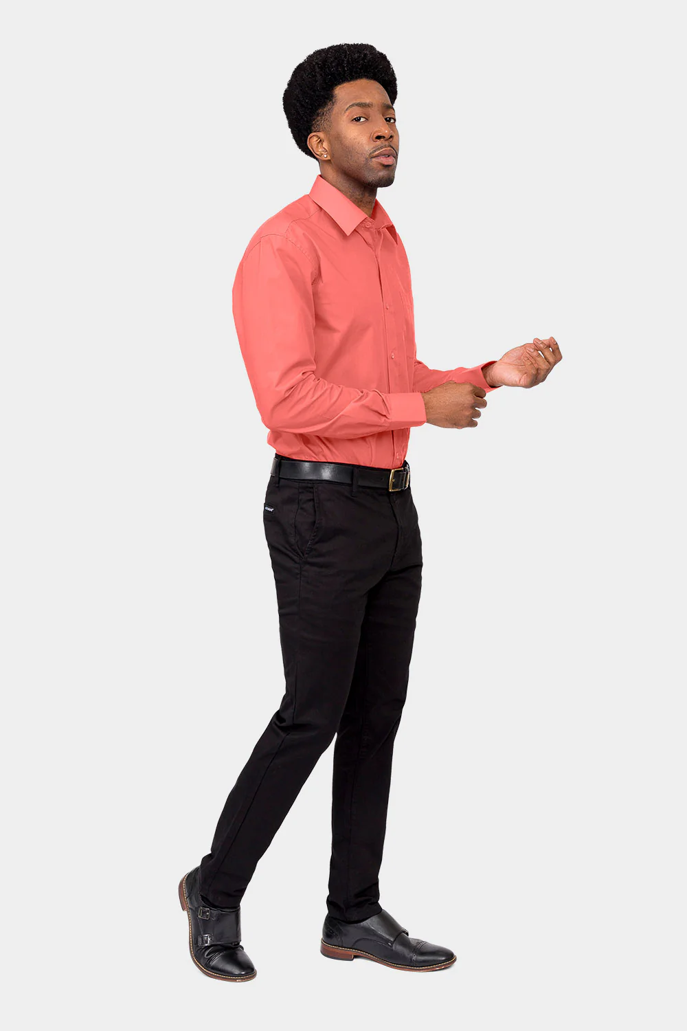 Men's Basic Solid Color Button Up Dress Shirt (Coral) - Image 6