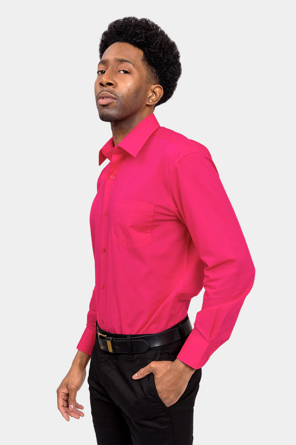 Men's Basic Solid Color Button Up Dress Shirt (Fuchsia) - Image 3