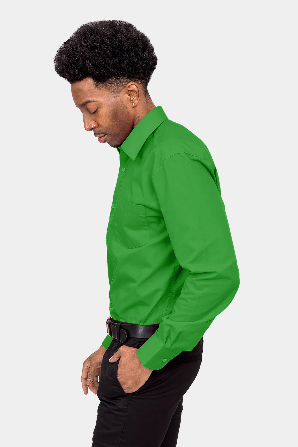 Men's Basic Solid Color Button Up Dress Shirt (Green) - Image 3