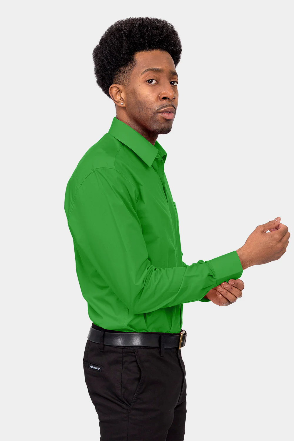 Men's Basic Solid Color Button Up Dress Shirt (Green) - Image 5