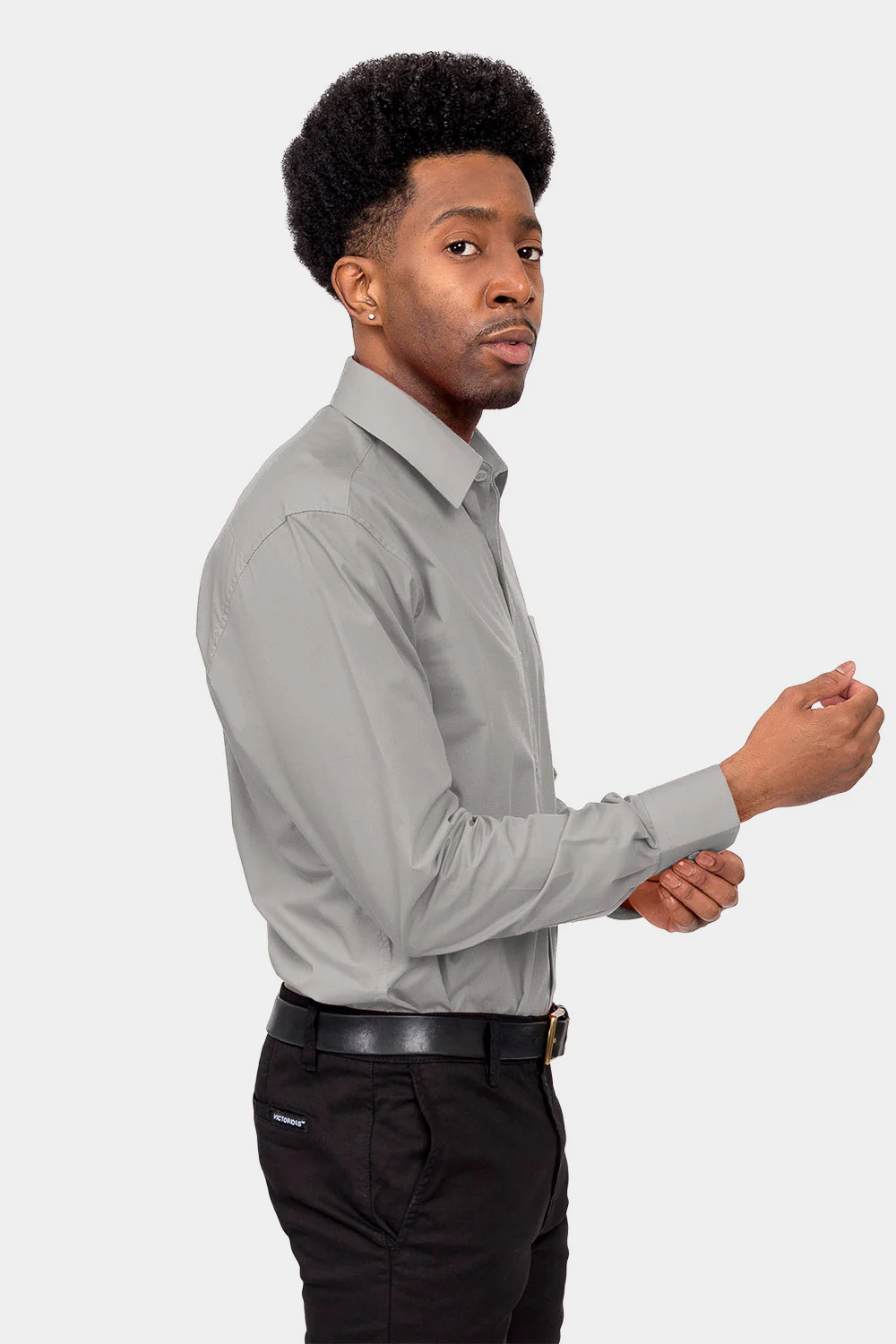 Men's Basic Solid Color Button Up Dress Shirt (Grey) - Image 5