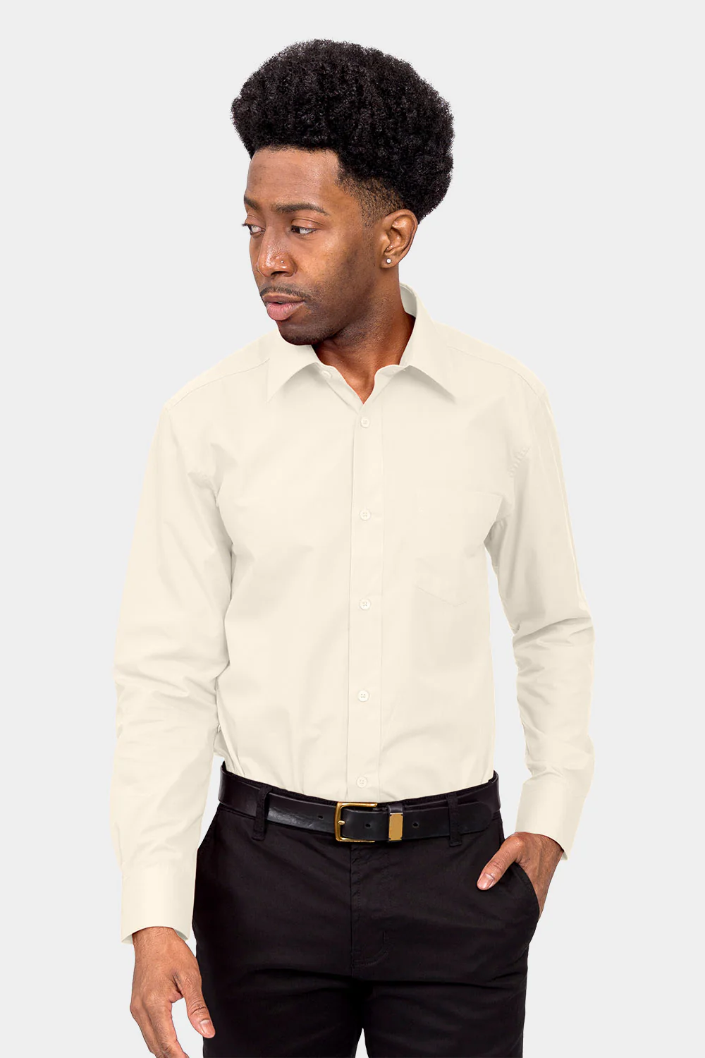 Men's Basic Solid Color Button Up Dress Shirt (Ivory) - Image 2