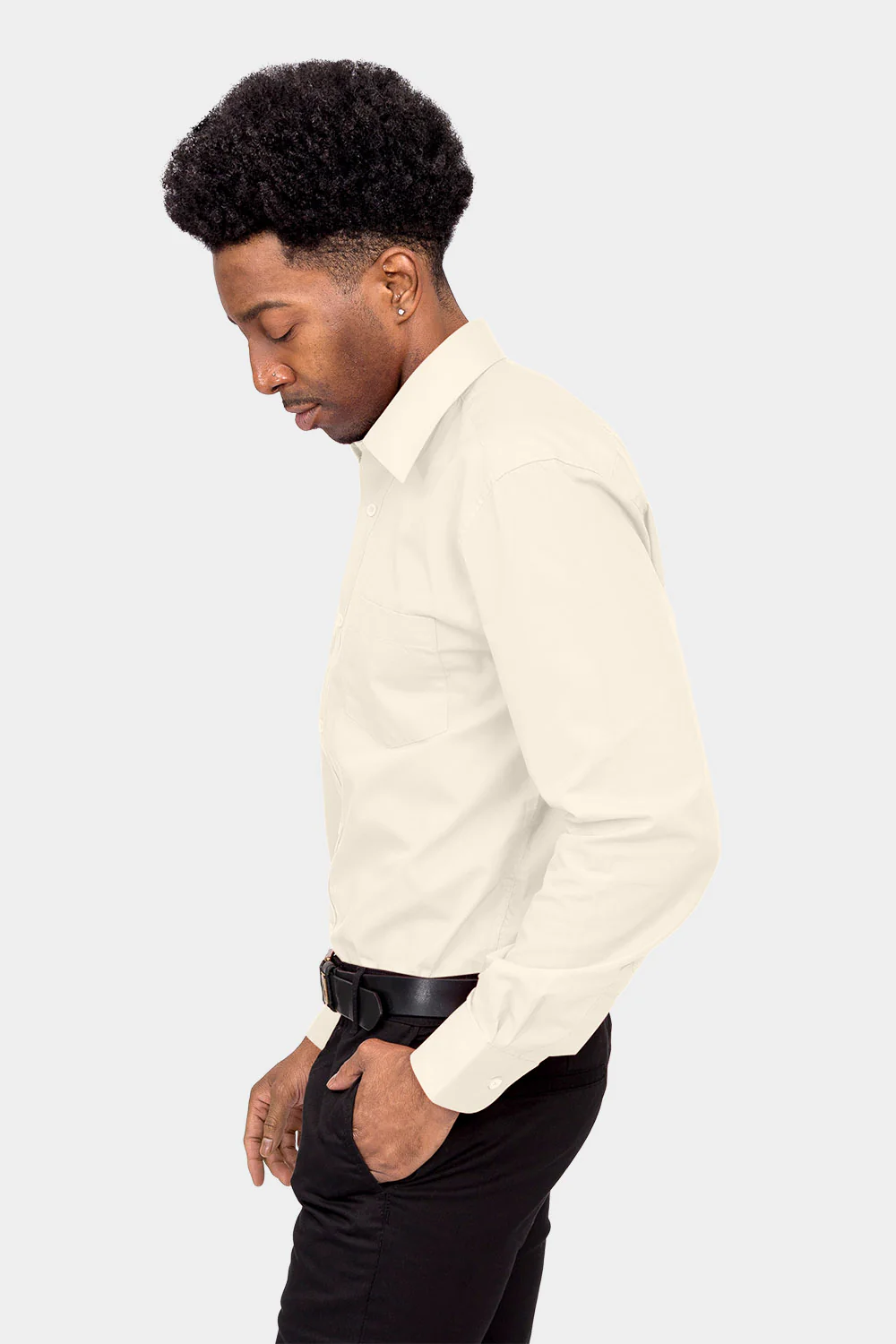 Men's Basic Solid Color Button Up Dress Shirt (Ivory) - Image 3