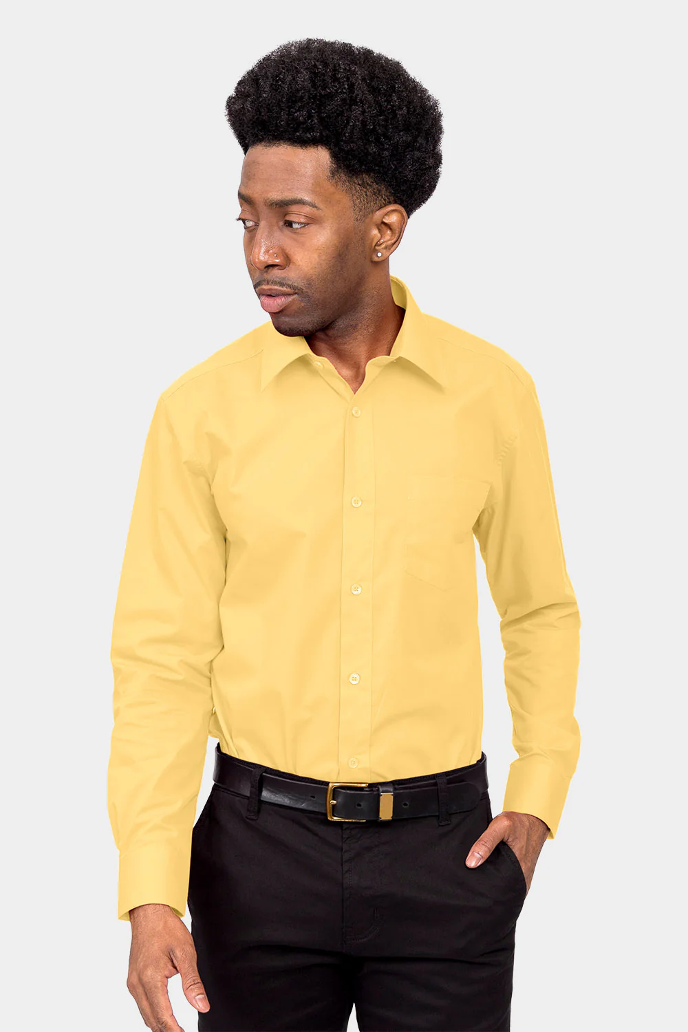 Men's Basic Solid Color Button Up Dress Shirt (Lemon) - Image 2