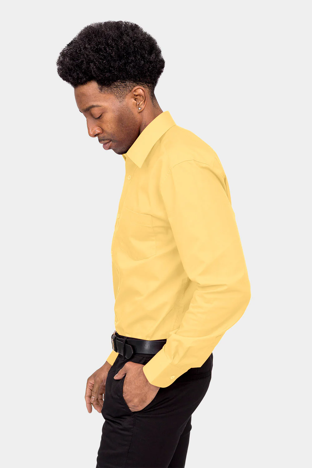 Men's Basic Solid Color Button Up Dress Shirt (Lemon) - Image 3