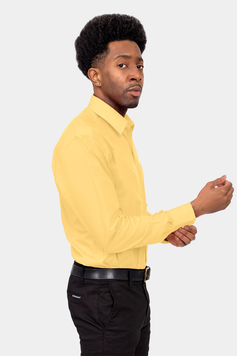 Men's Basic Solid Color Button Up Dress Shirt (Lemon) - Image 5