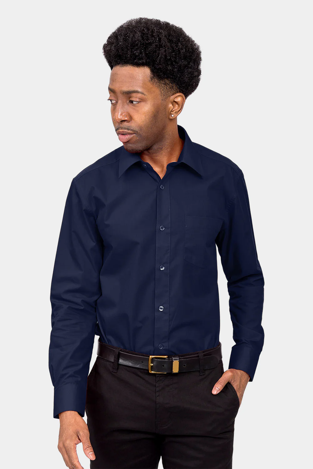 Men's Basic Solid Color Button Up Dress Shirt (Navy) - Image 2