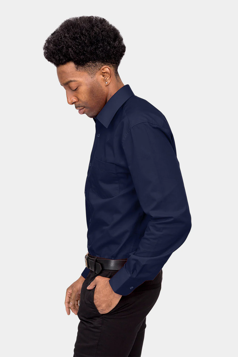 Men's Basic Solid Color Button Up Dress Shirt (Navy) - Image 3
