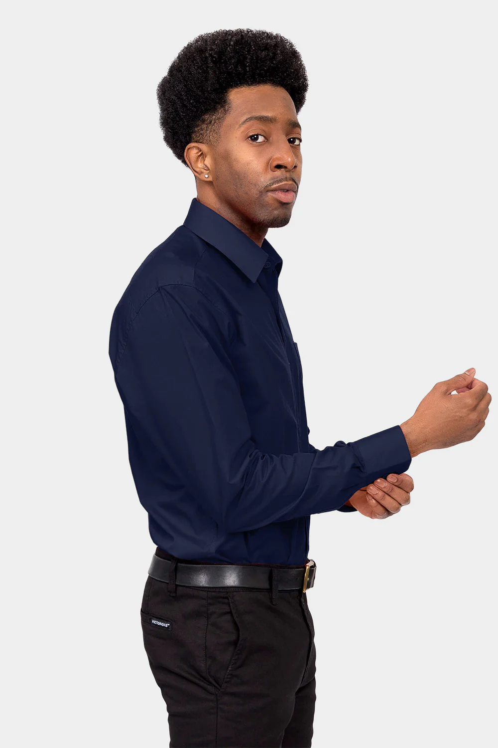 Men's Basic Solid Color Button Up Dress Shirt (Navy) - Image 5