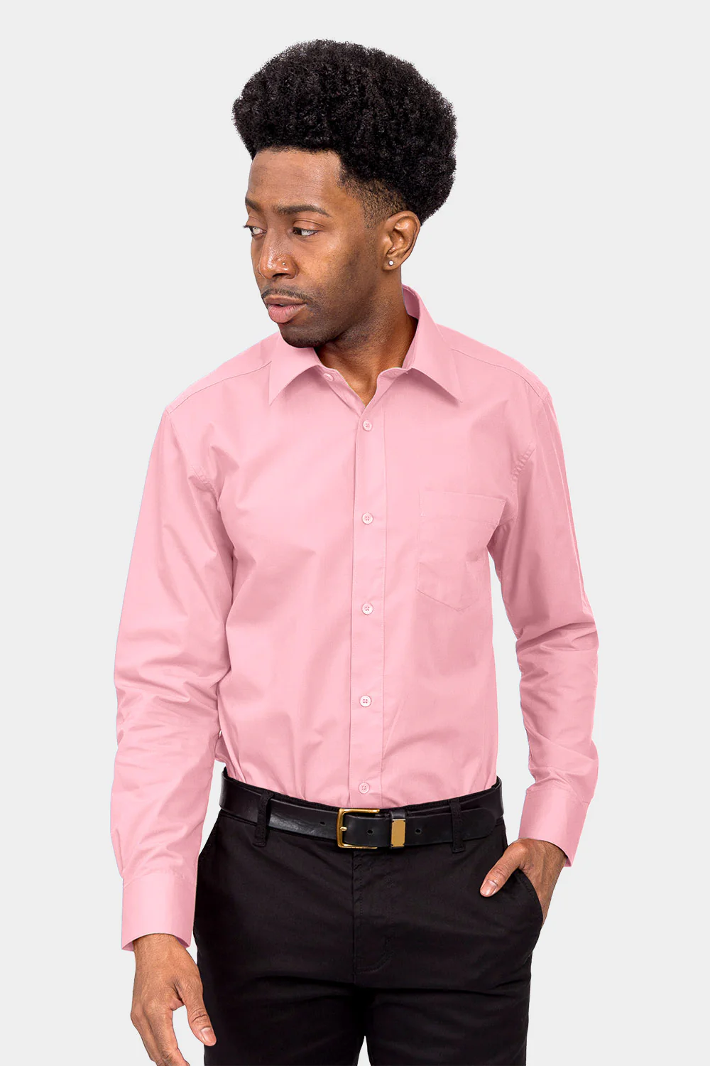 Men's Basic Solid Color Button Up Dress Shirt (Pink) - Image 2