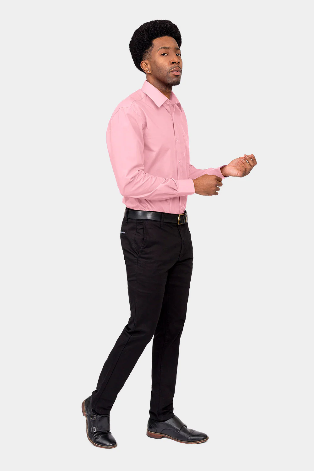 Men's Basic Solid Color Button Up Dress Shirt (Pink) - Image 6