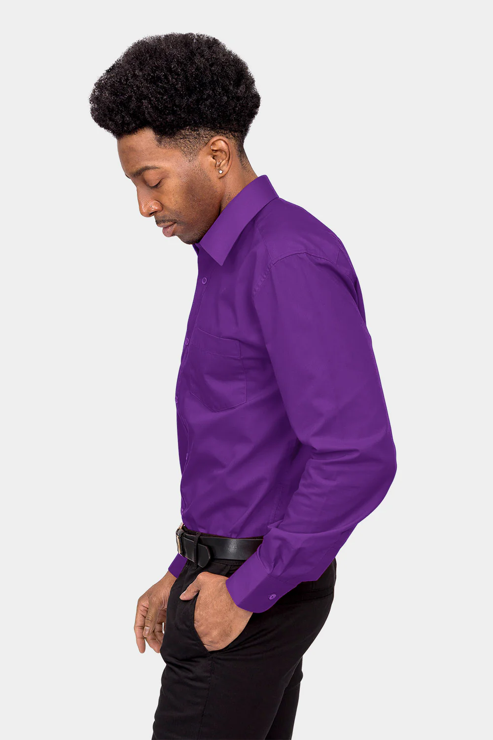 Men's Basic Solid Color Button Up Dress Shirt (Purple) - Image 3