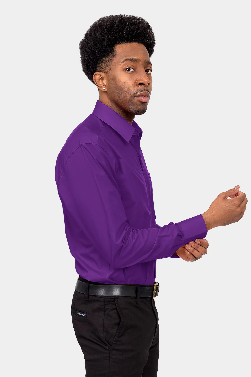 Men's Basic Solid Color Button Up Dress Shirt (Purple) - Image 5