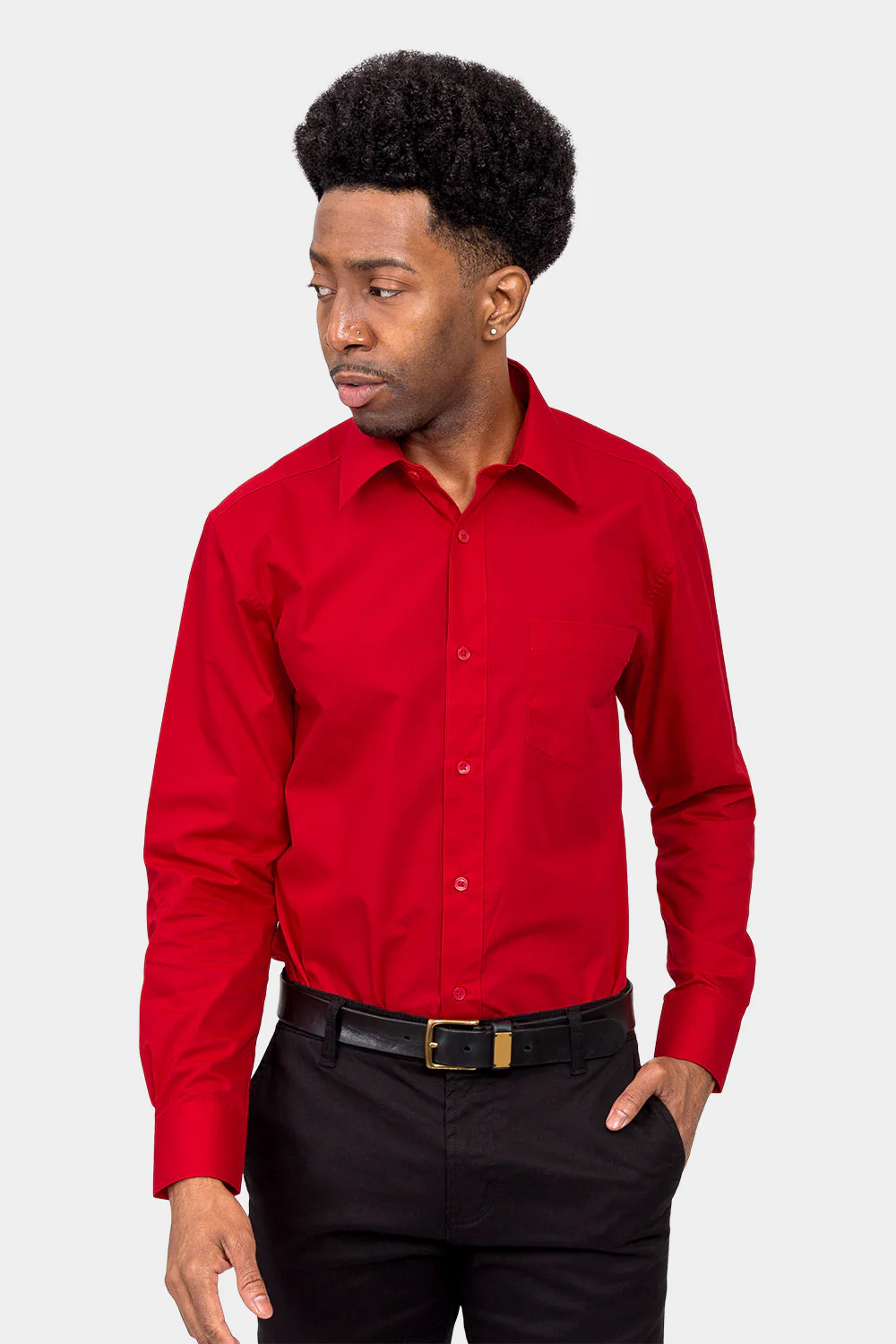 Men's Basic Solid Color Button Up Dress Shirt (Red) - Image 2