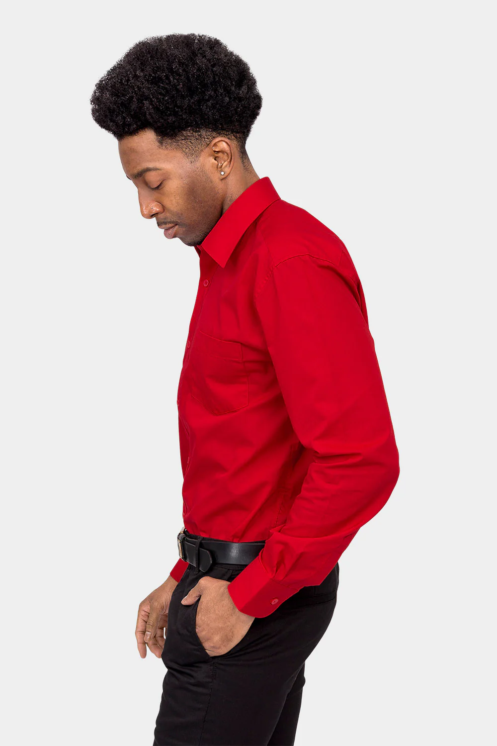Men's Basic Solid Color Button Up Dress Shirt (Red) - Image 3