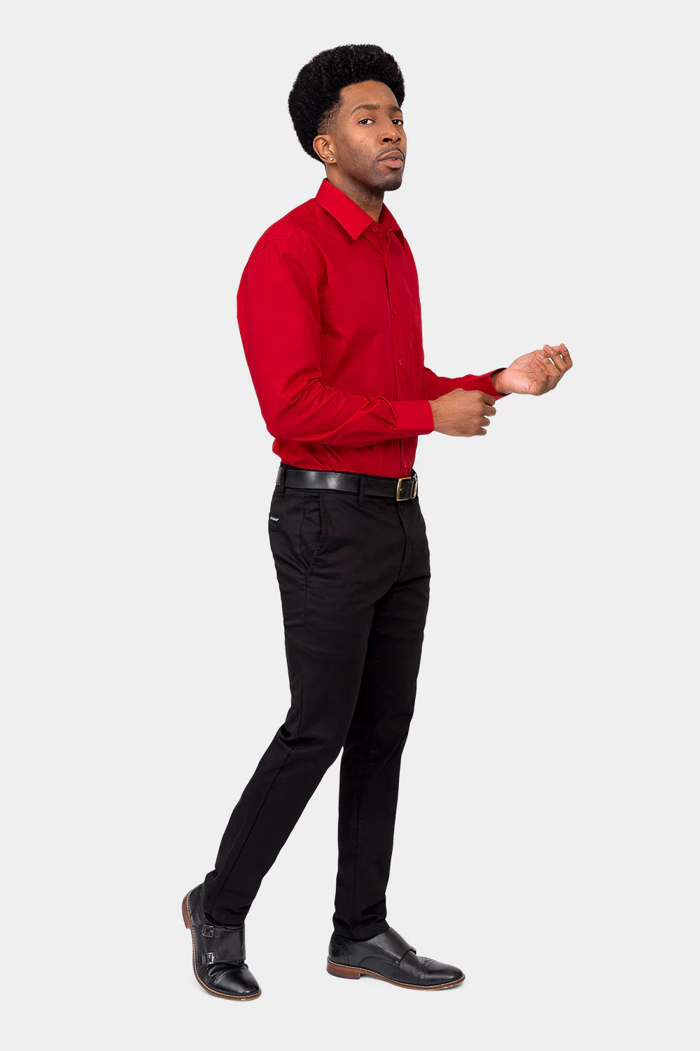 Men's Basic Solid Color Button Up Dress Shirt (Red) - Image 6