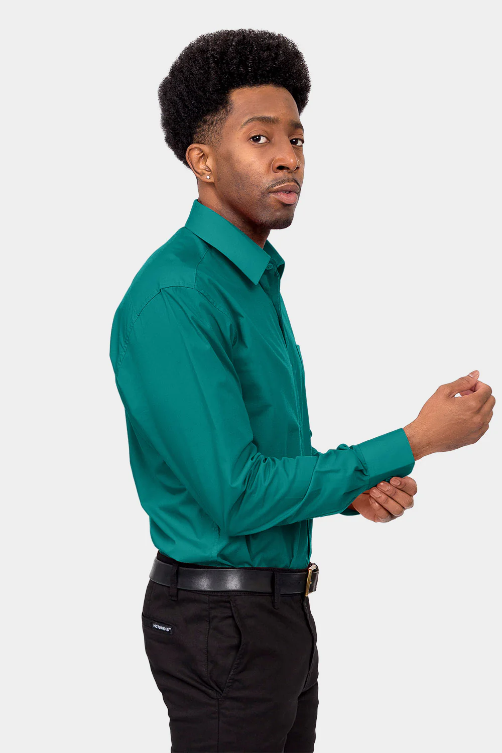 Men's Basic Solid Color Button Up Dress Shirt (Teal) - Image 5