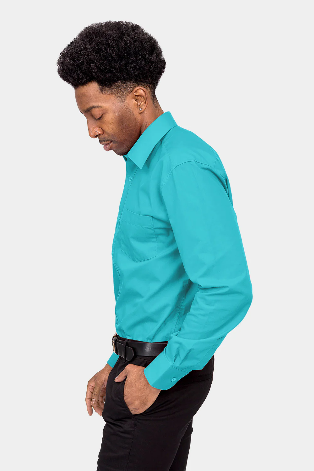 Men's Basic Solid Color Button Up Dress Shirt (Turquoise) - Image 3