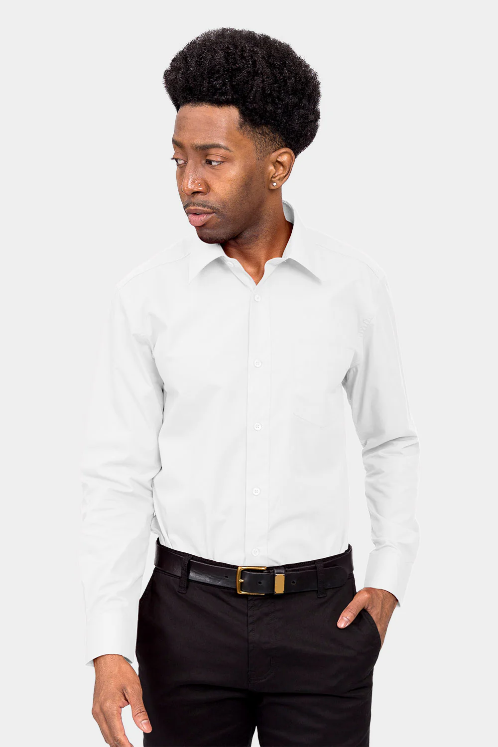 Men's Basic Solid Color Button Up Dress Shirt (White) - Image 2