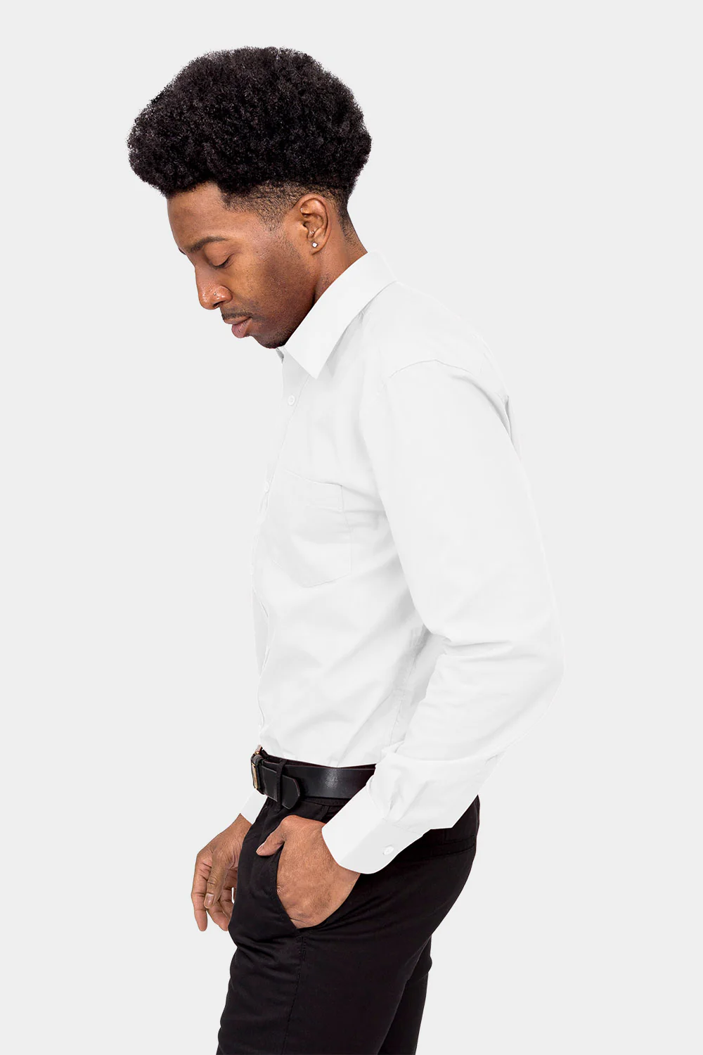 Men's Basic Solid Color Button Up Dress Shirt (White) - Image 3
