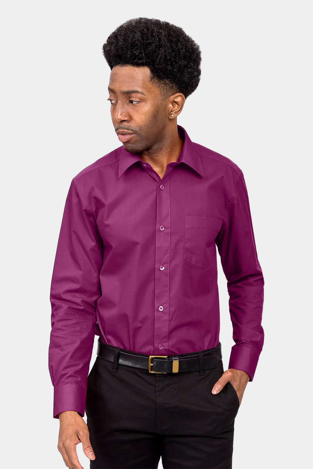 Men's Basic Solid Color Button Up Dress Shirt (Wine) - Image 2